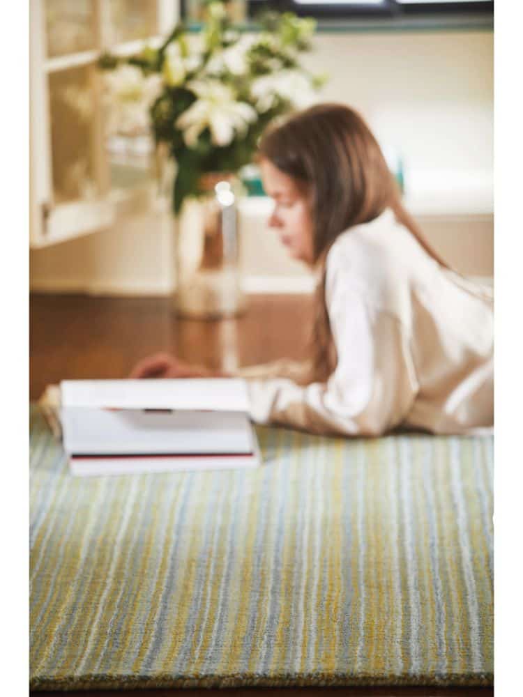 Close-up of a striped ochre rug in a modern living room setting.