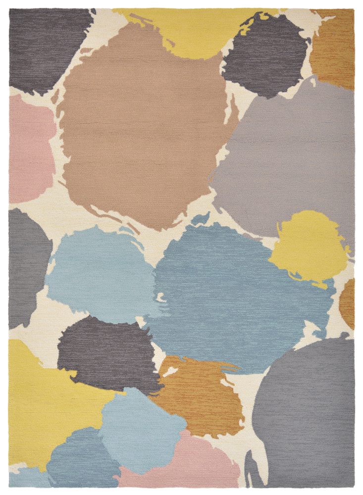 Colourful abstract rug with large irregular shapes in pastel and earthy tones.