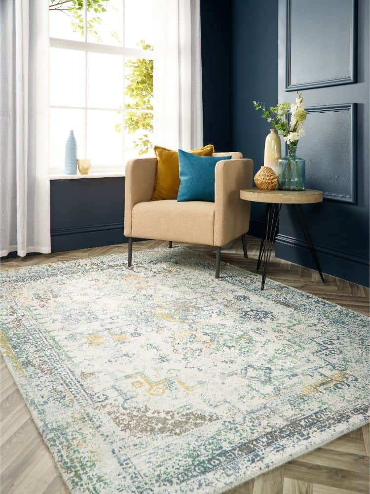 Vogue Rug Blue/Ochre adds colour to modern living room decor.