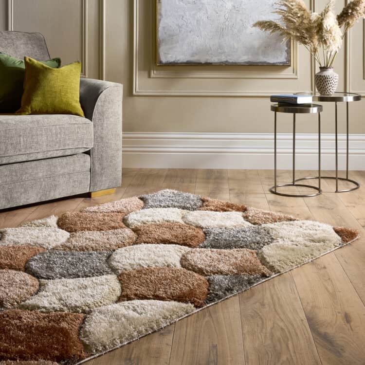 Terracotta scallop 3D shaggy rug in modern living room.