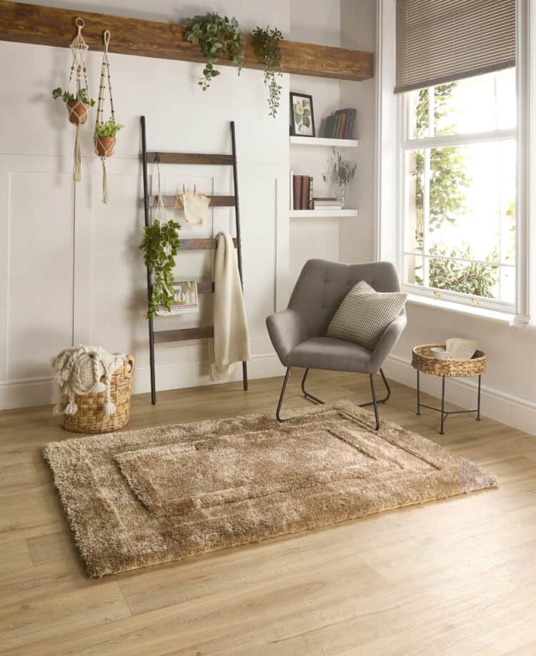 Cozy living room with Latte shaggy rug, armchair, and natural light.