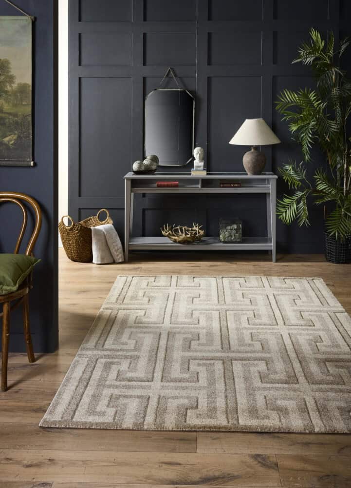 Taupe and beige Greek key patterned rug in modern living room.