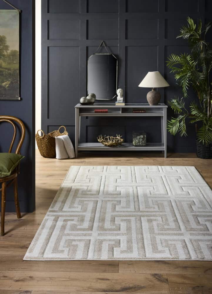 Modern geometric beige and cream rug in stylish hallway setting.