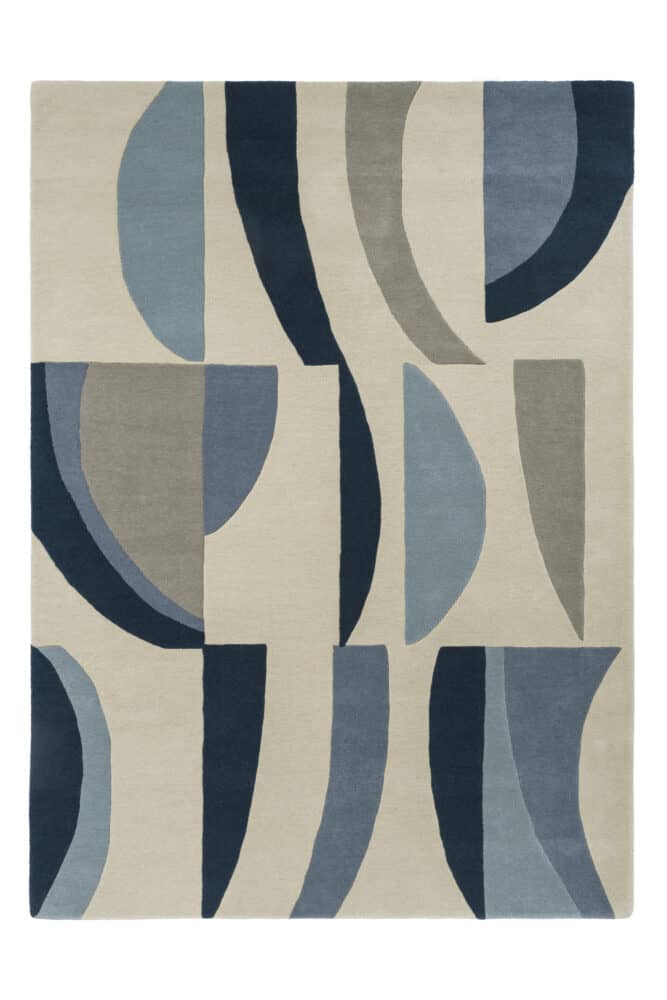 Contemporary abstract rug with blue, grey, and beige geometric patterns.