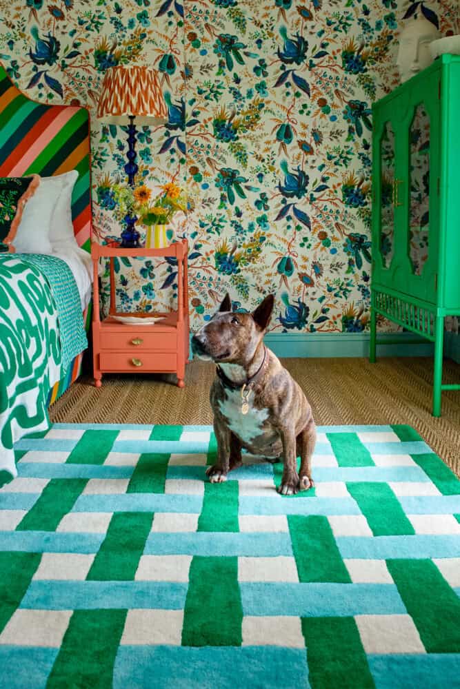 Bright, colourful room with floral wallpaper, green furniture, and a French Bulldog sitting on a rug.
